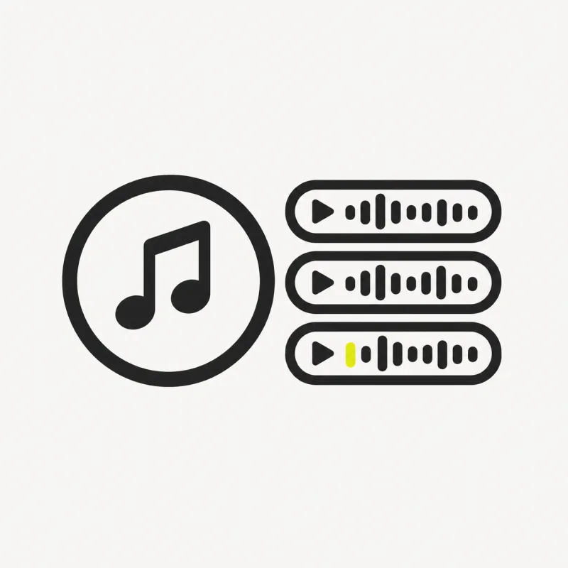 Illustration: a music note inside a play-circle beside a stack of audio track bars — audio saved as an MP3