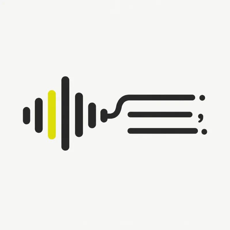 Illustration: an audio waveform becoming punctuated transcript text