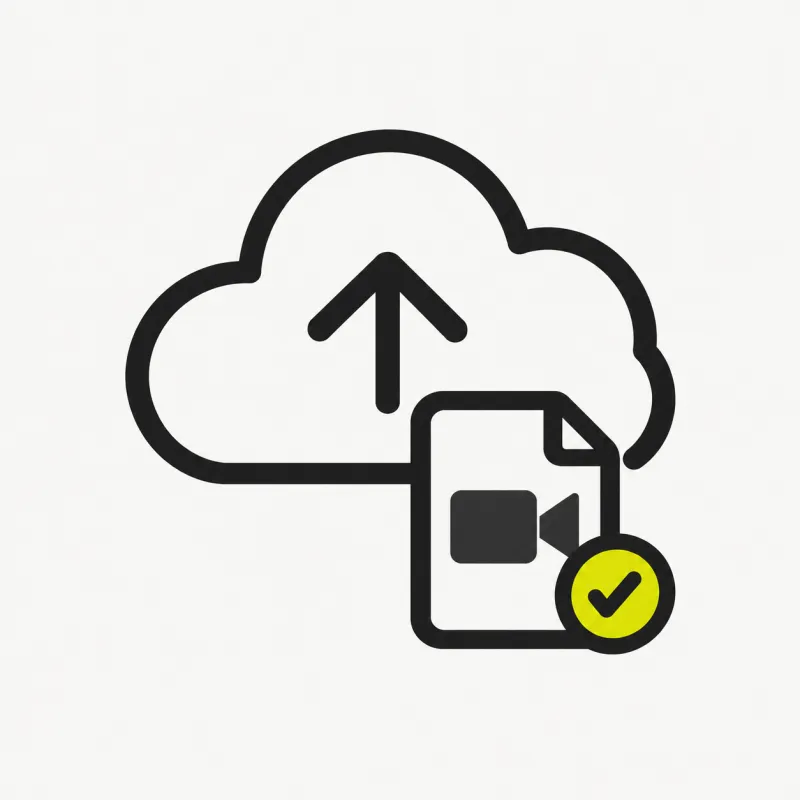 Illustration: a cloud upload arrow with a video file and a check mark — a converted file ready to share at work