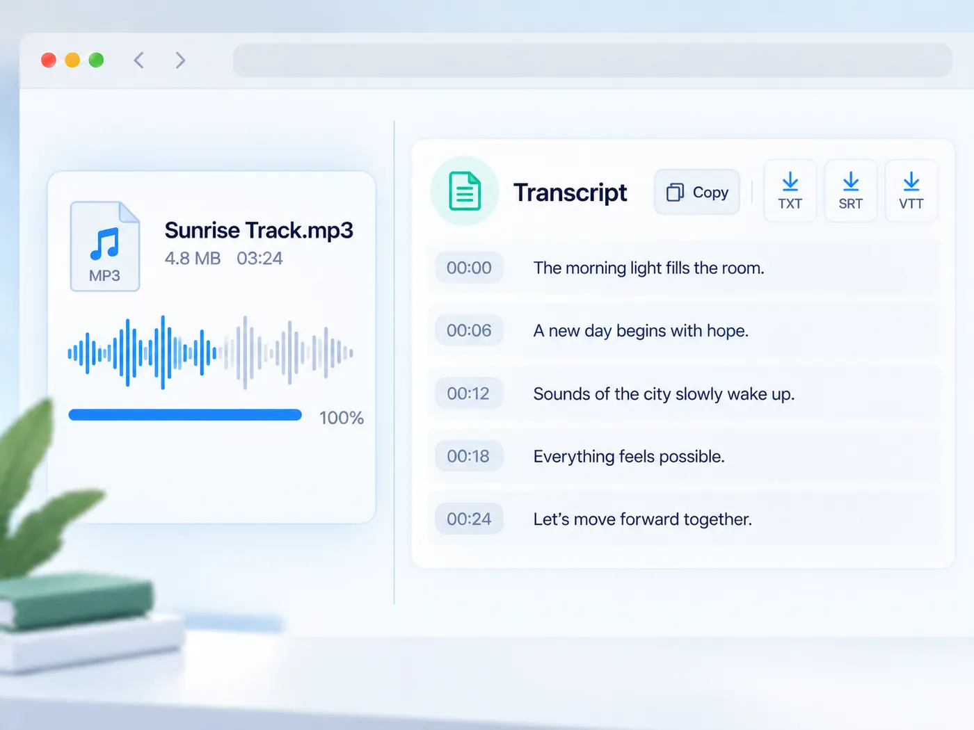 Illustration: transcript text with copy and download controls