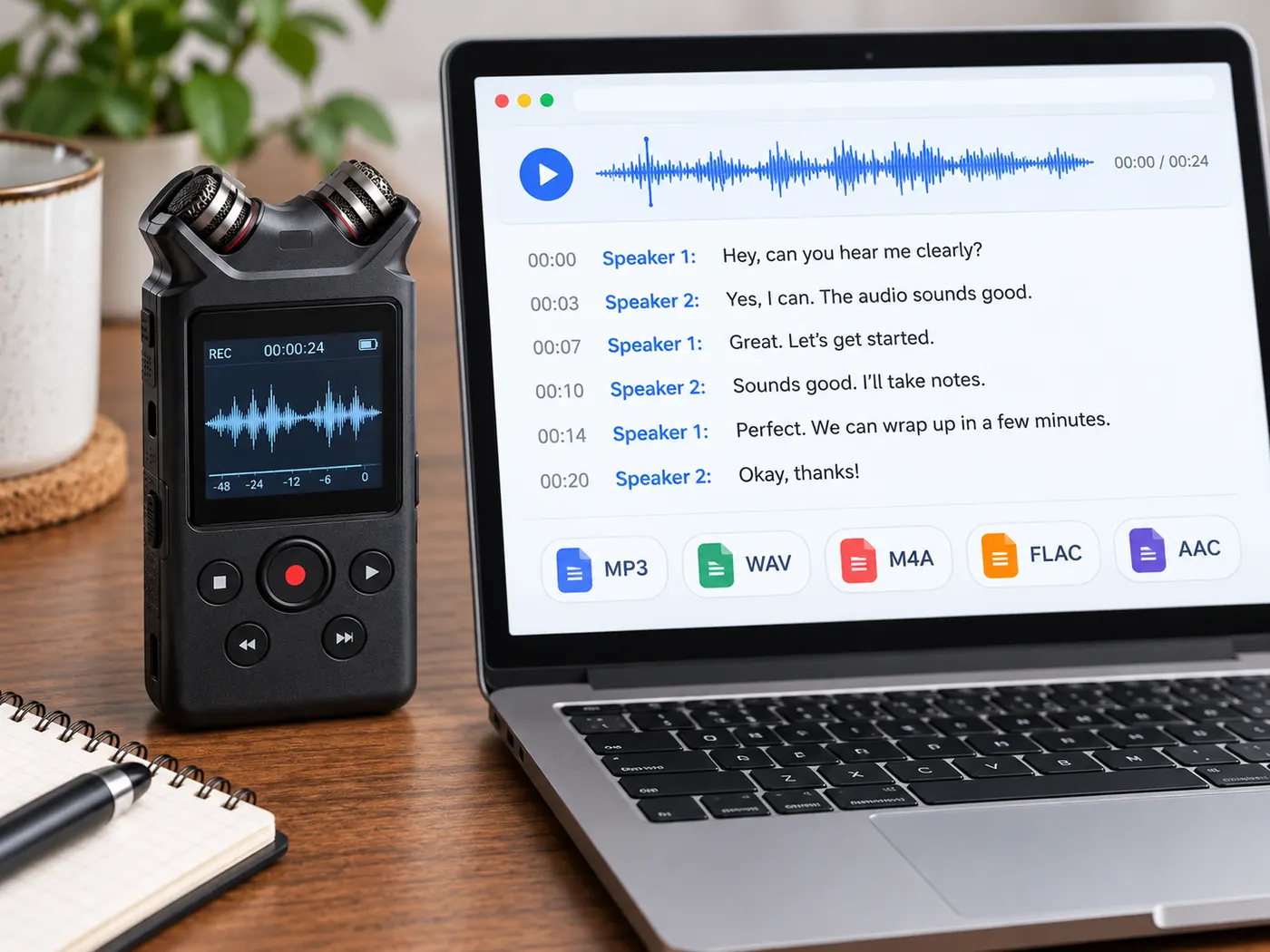 Illustration: an audio file flowing into readable transcript lines