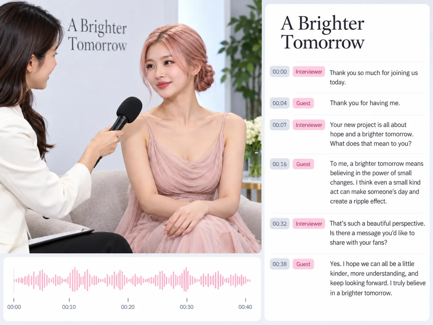 Illustration: timestamped transcript lines beside an audio waveform
