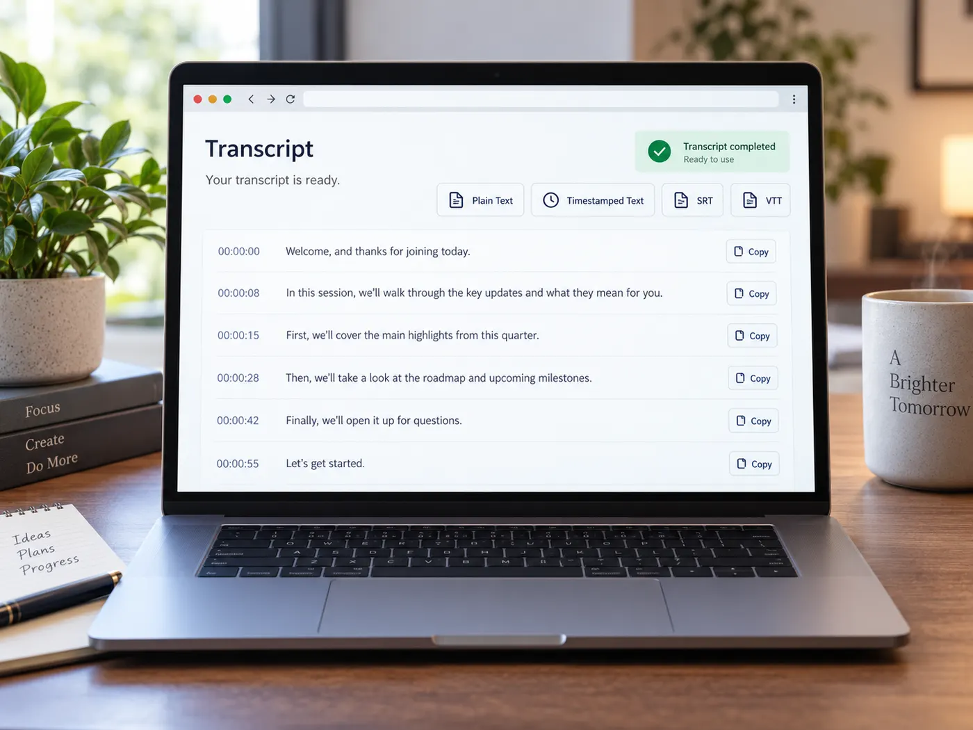 Illustration: transcript text with copy and download controls