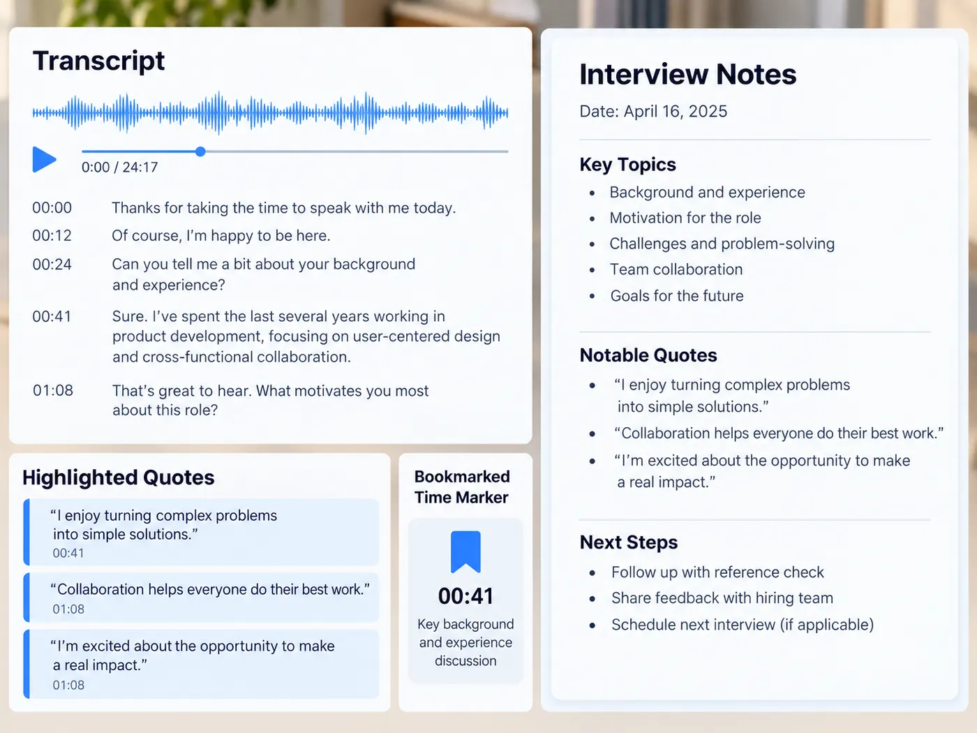 Illustration: transcript text branching into notes and captions