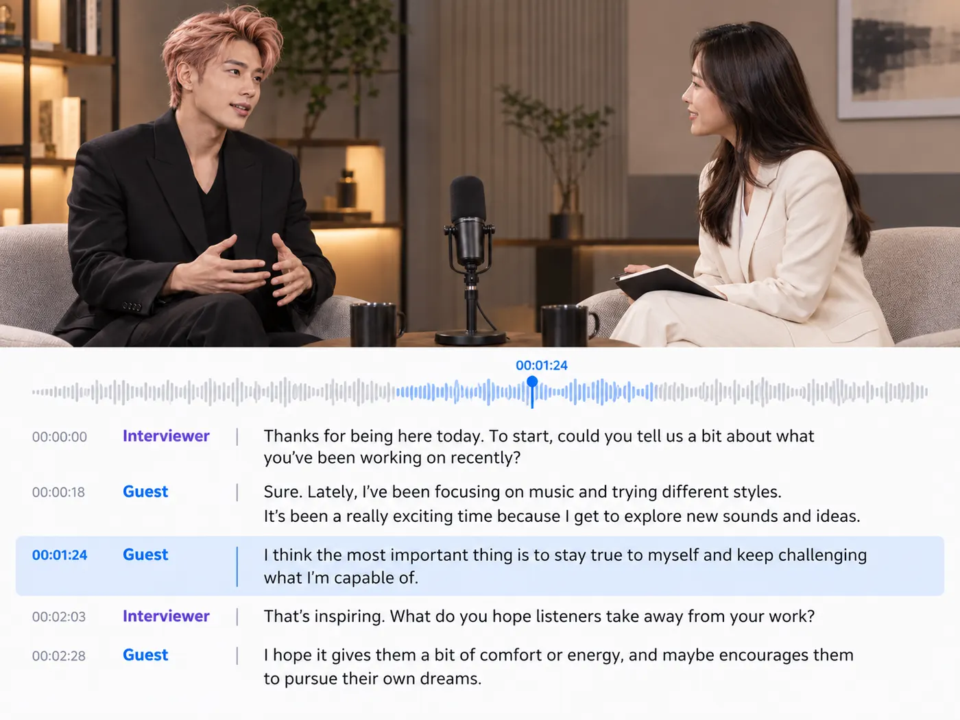Illustration: an interview microphone beside transcript lines