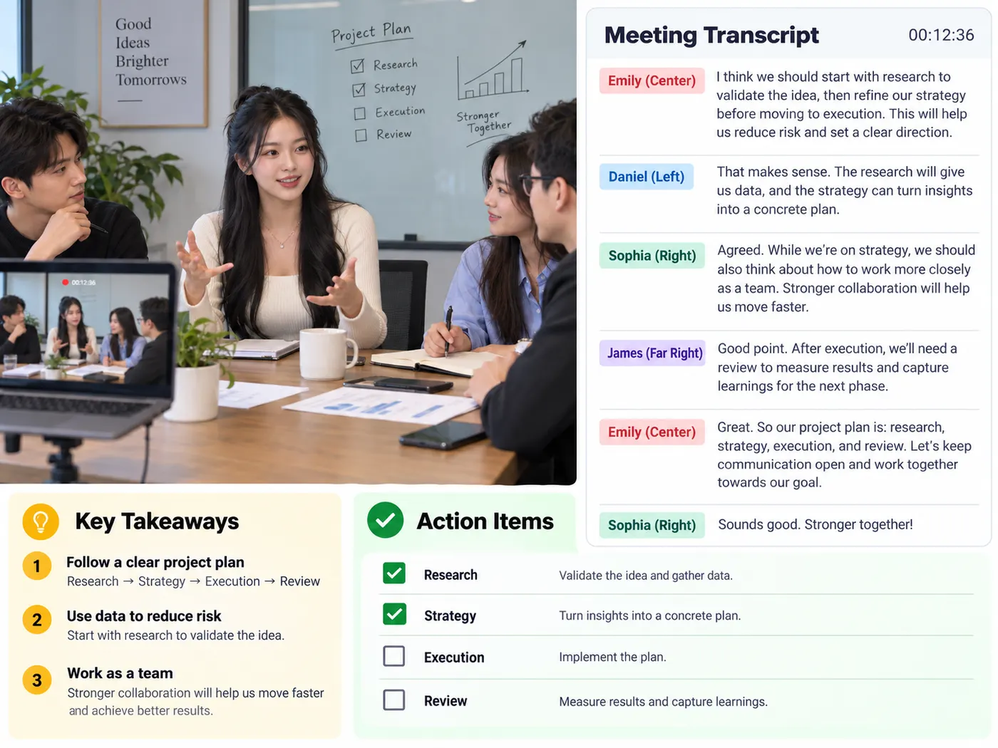 Illustration: a meeting recording turning into notes