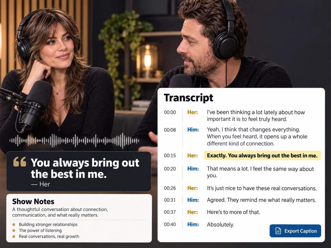 Illustration: a podcast waveform beside reusable text