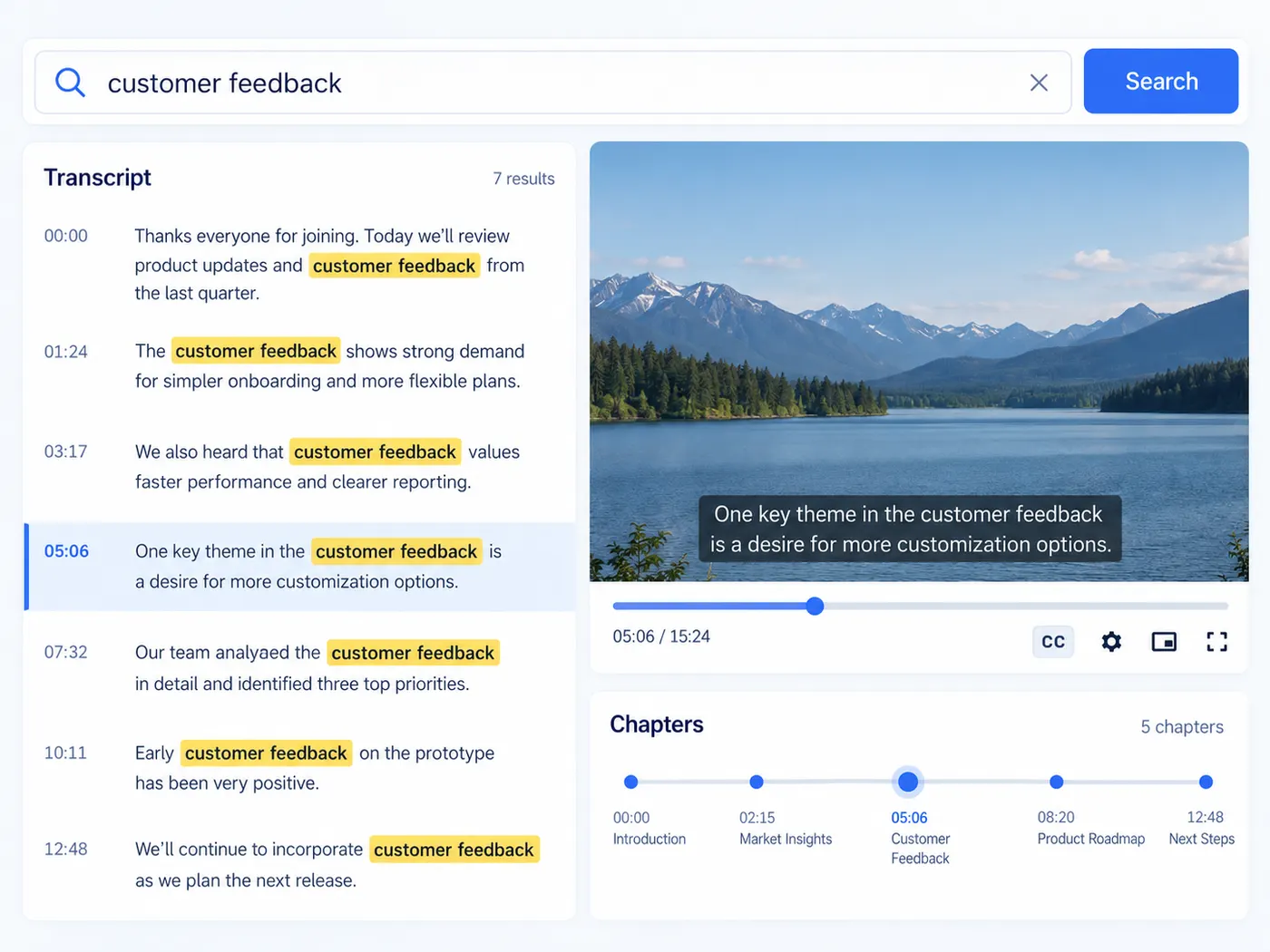 Illustration: timestamped transcript lines with highlighted parts