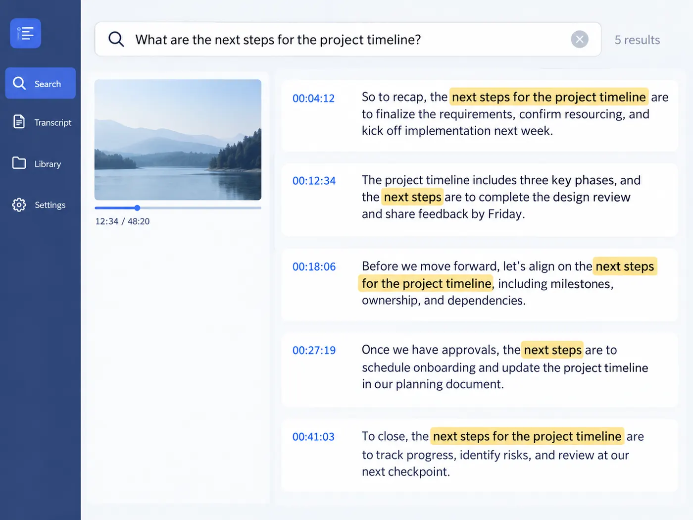 Illustration: a search box over transcript text