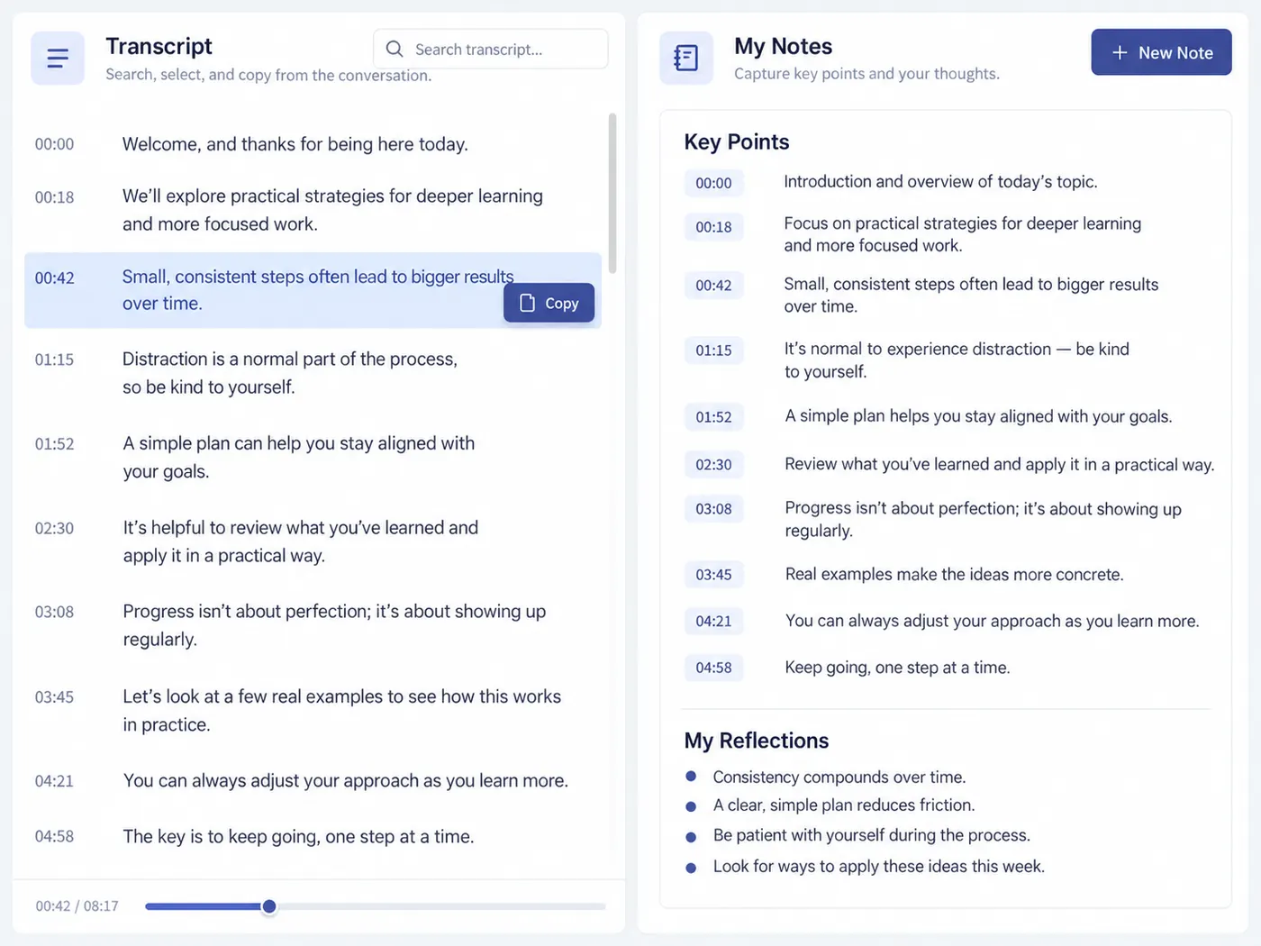 Illustration: highlighted transcript lines becoming notes
