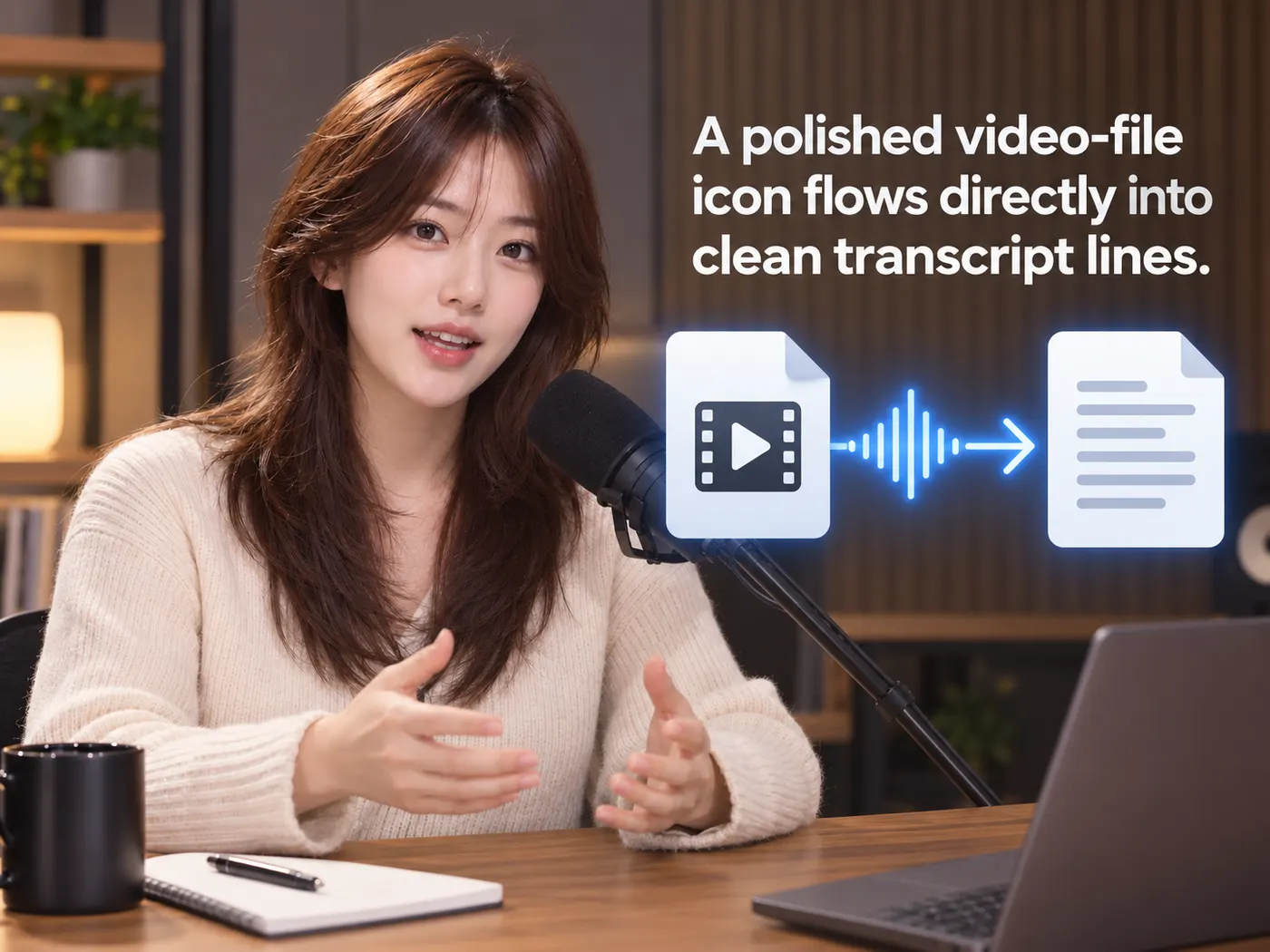 Illustration: a video file turning into transcript lines