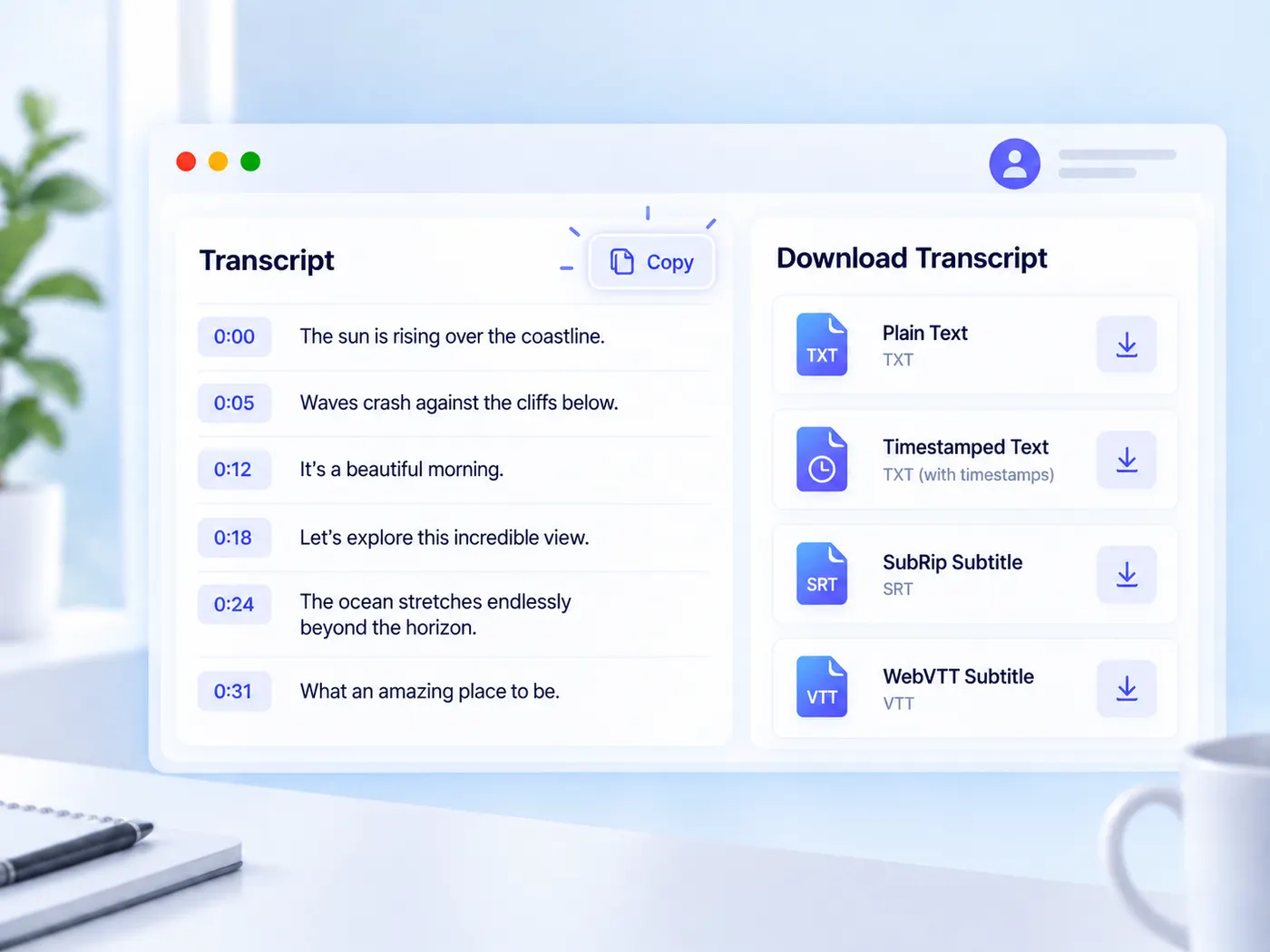 Illustration: transcript text with copy and download controls